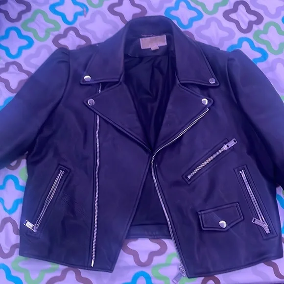 MICHAEL KORS, Pebbled Leather Puff-Sleeve Moto Jacket